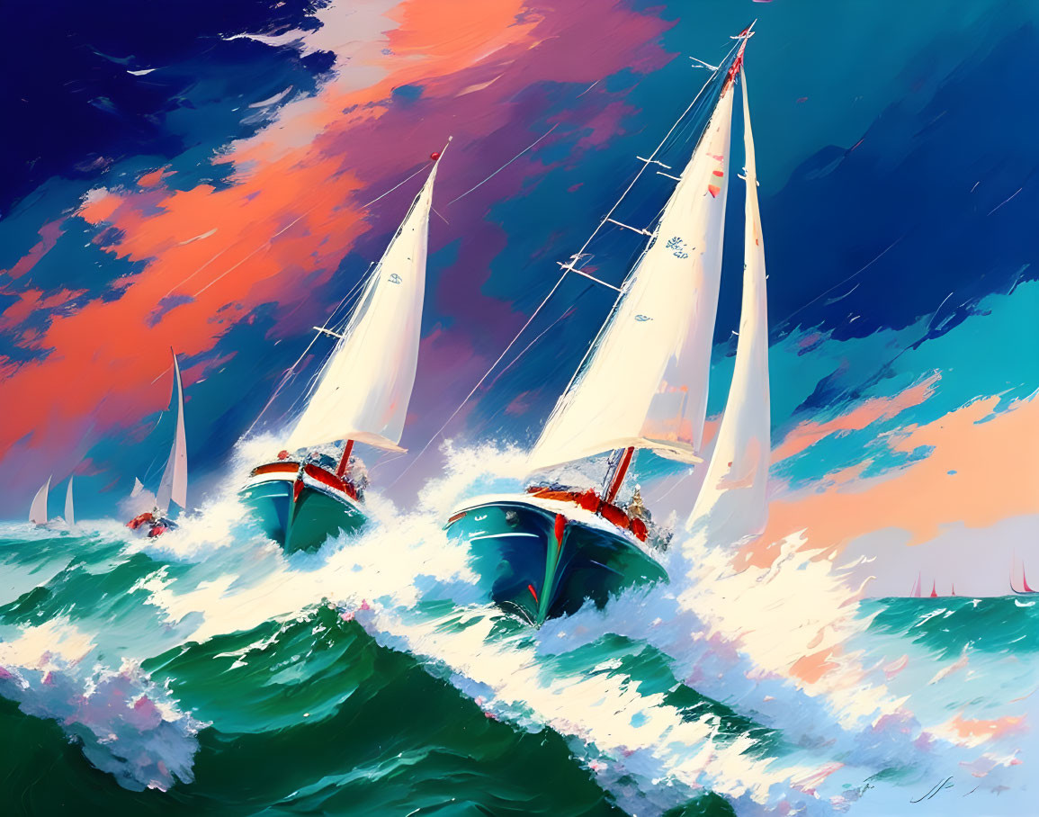 Sailboats racing in the style of LeRoy Neiman
