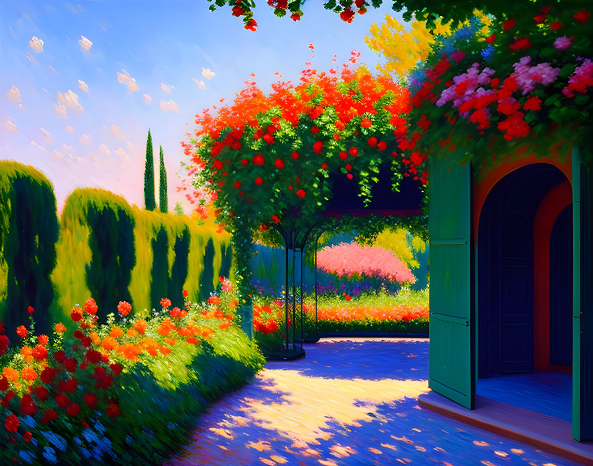 Lush Garden with Blooming Flowers and Sunlit Archway