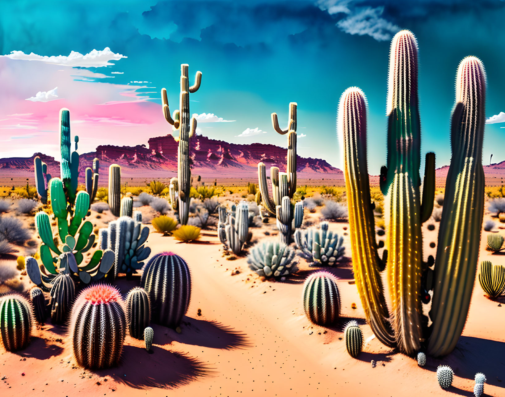 Diverse cacti in vibrant desert landscape under blue sky