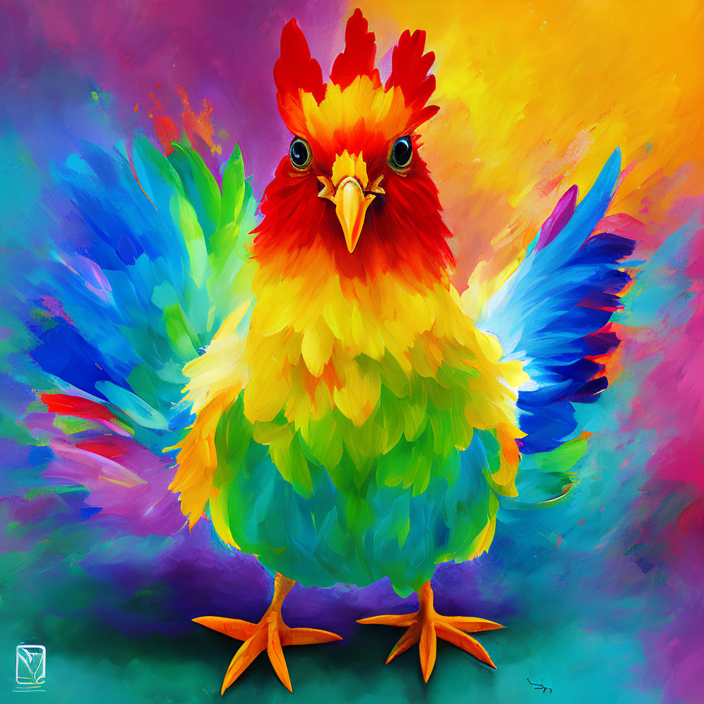 Colorful Whimsical Chicken Painting with Rainbow Feathers