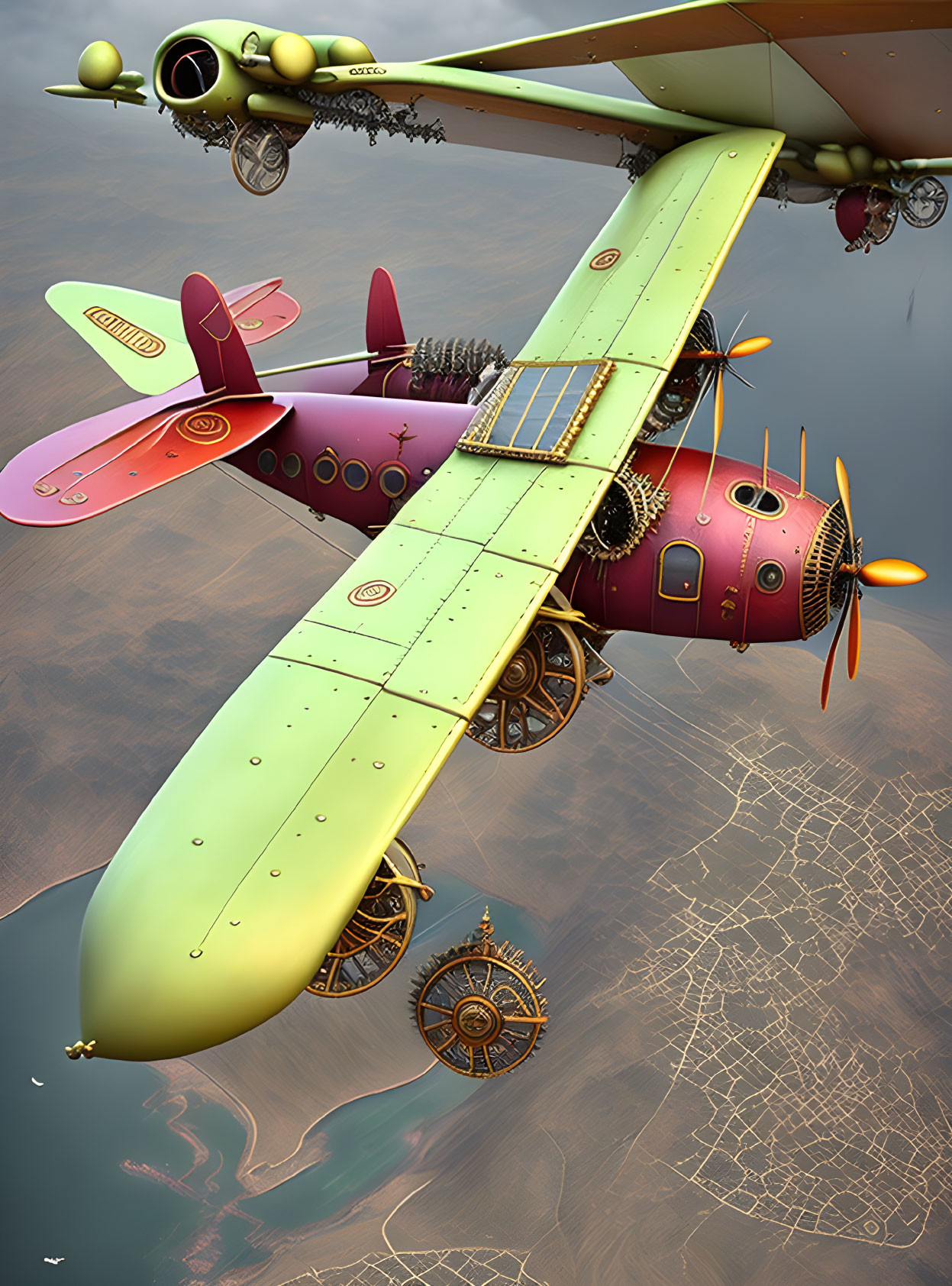 Steampunk-style aircraft with gears and propellers above map-like background