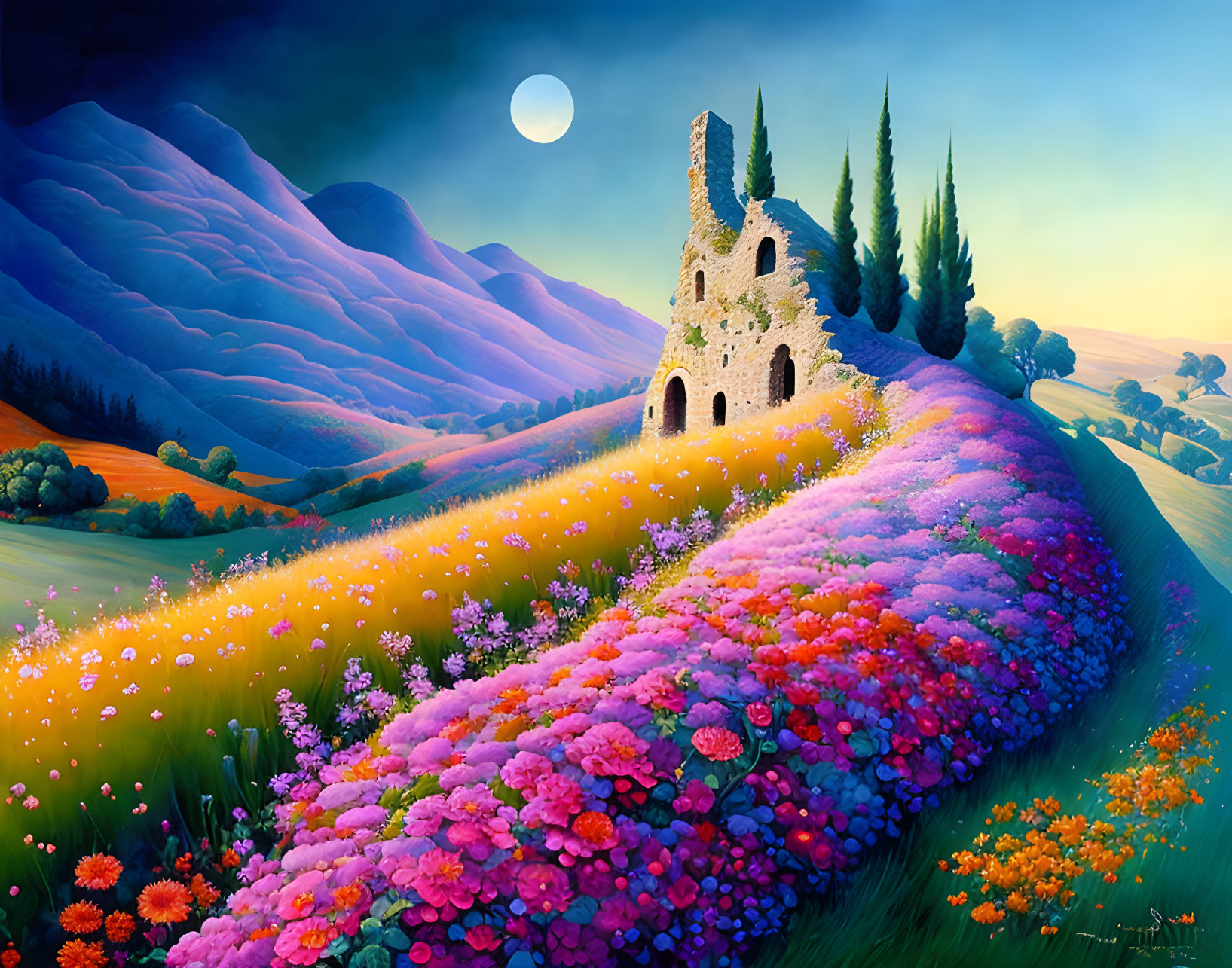 Fantasy landscape with flowers, rolling hills