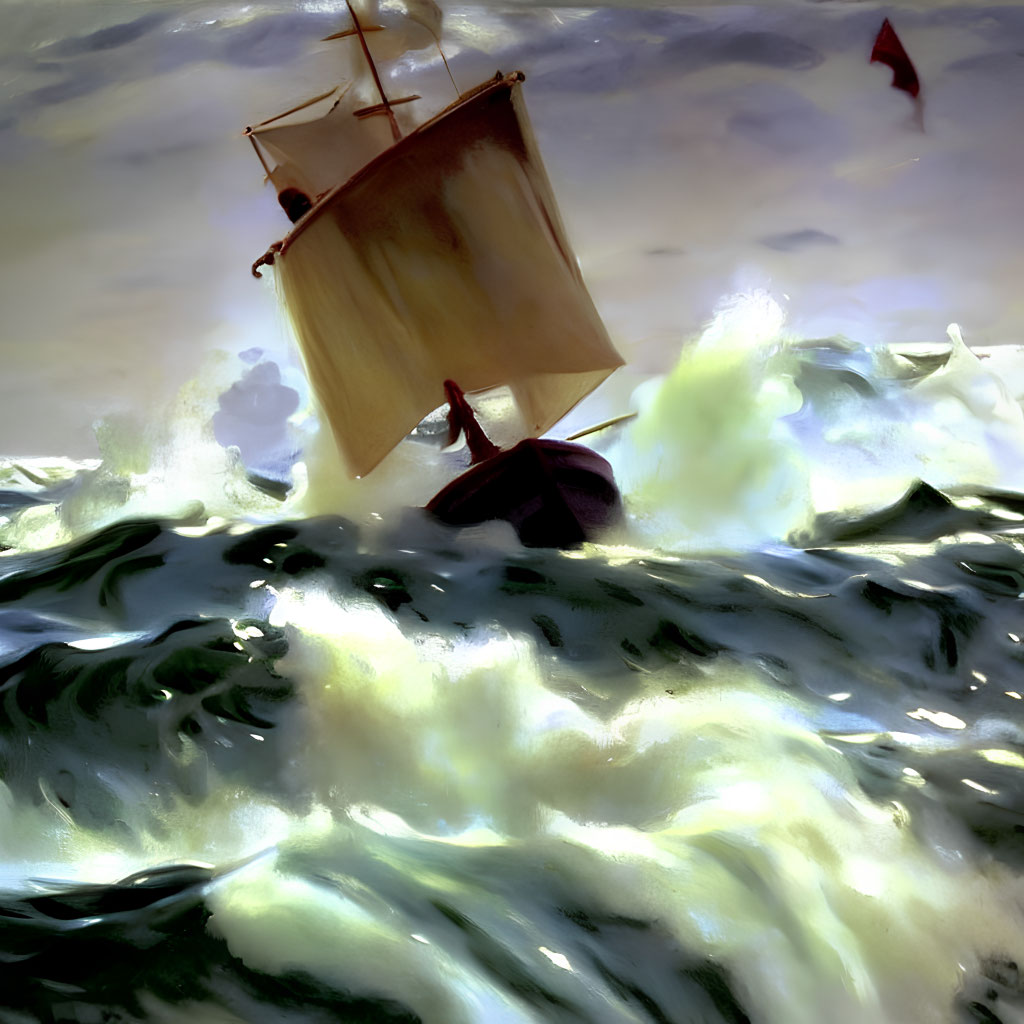 Stormy seas painting: sailing ship battles large waves in luminous green waters