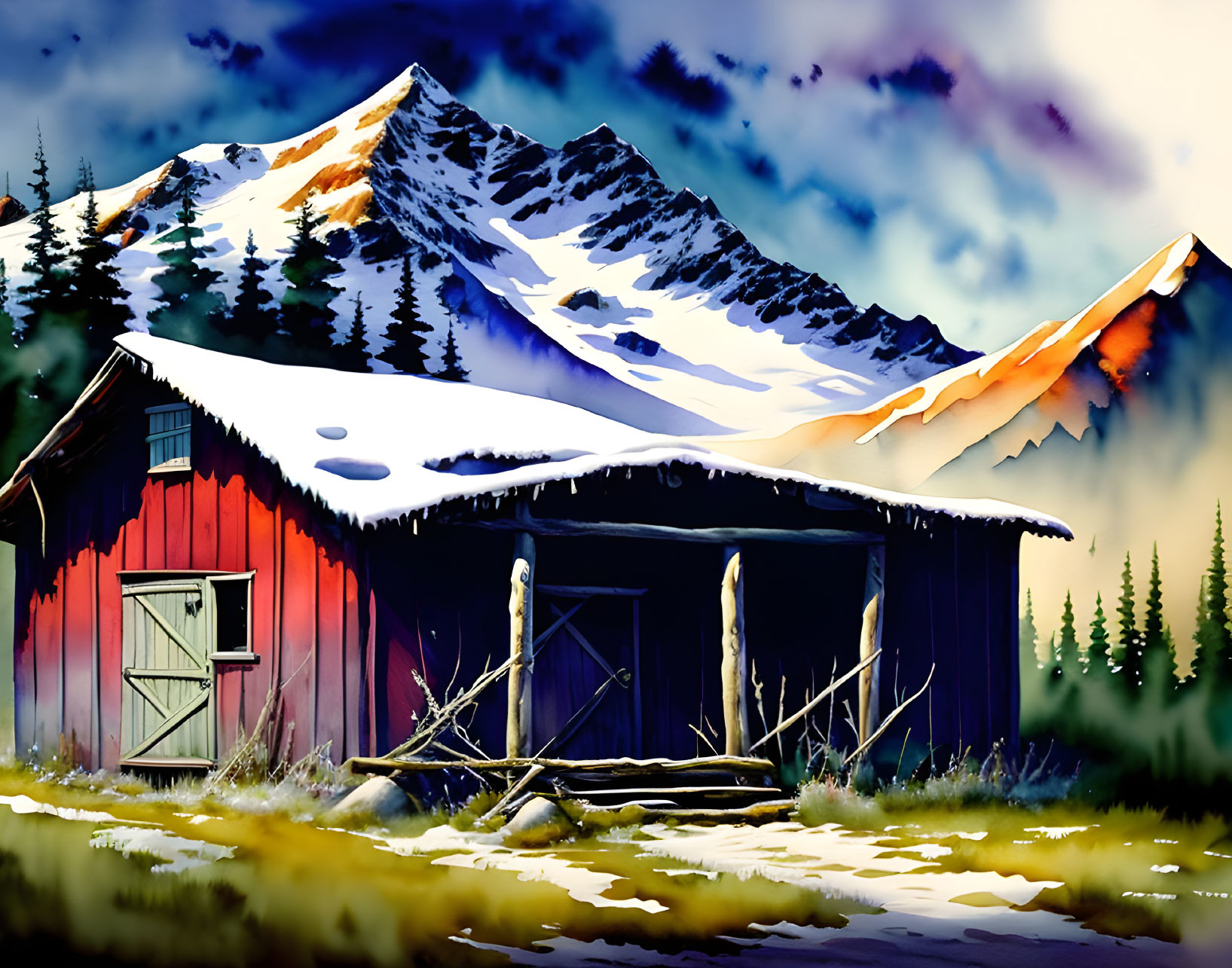 Snowy mountain cabin illustration with red roof and evergreen trees