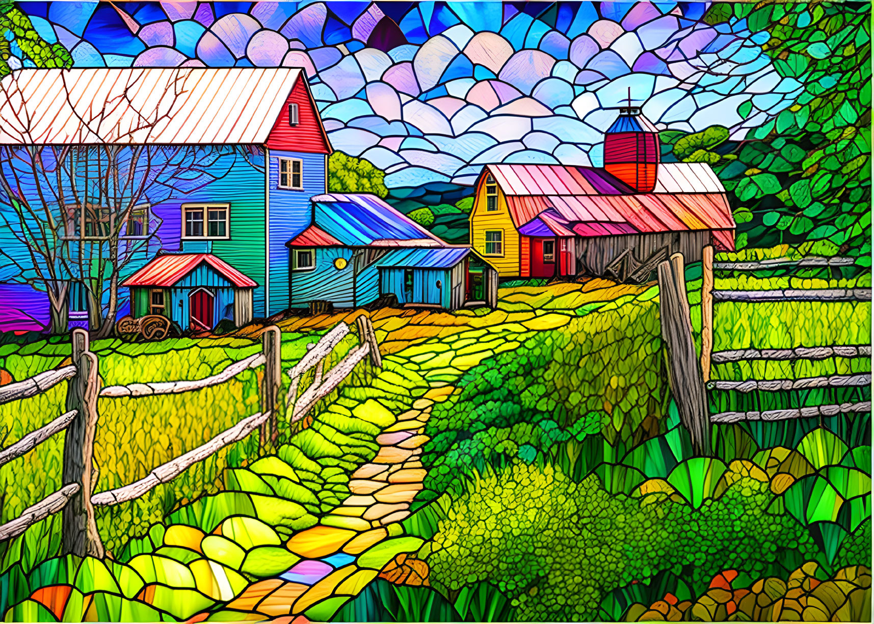 Vibrant rural landscape illustration with colorful houses and whimsical clouds