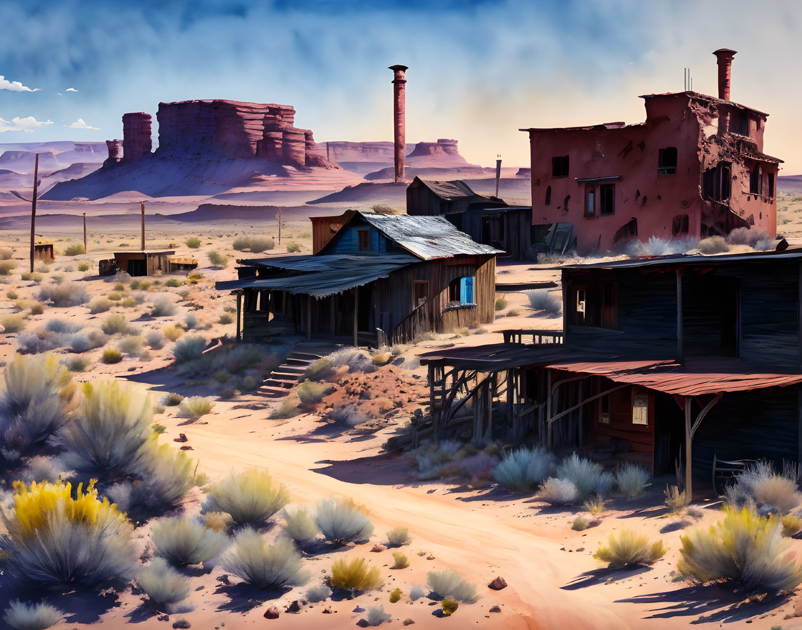 Deserted Western Town with Red Rock Formations and Wooden Structures