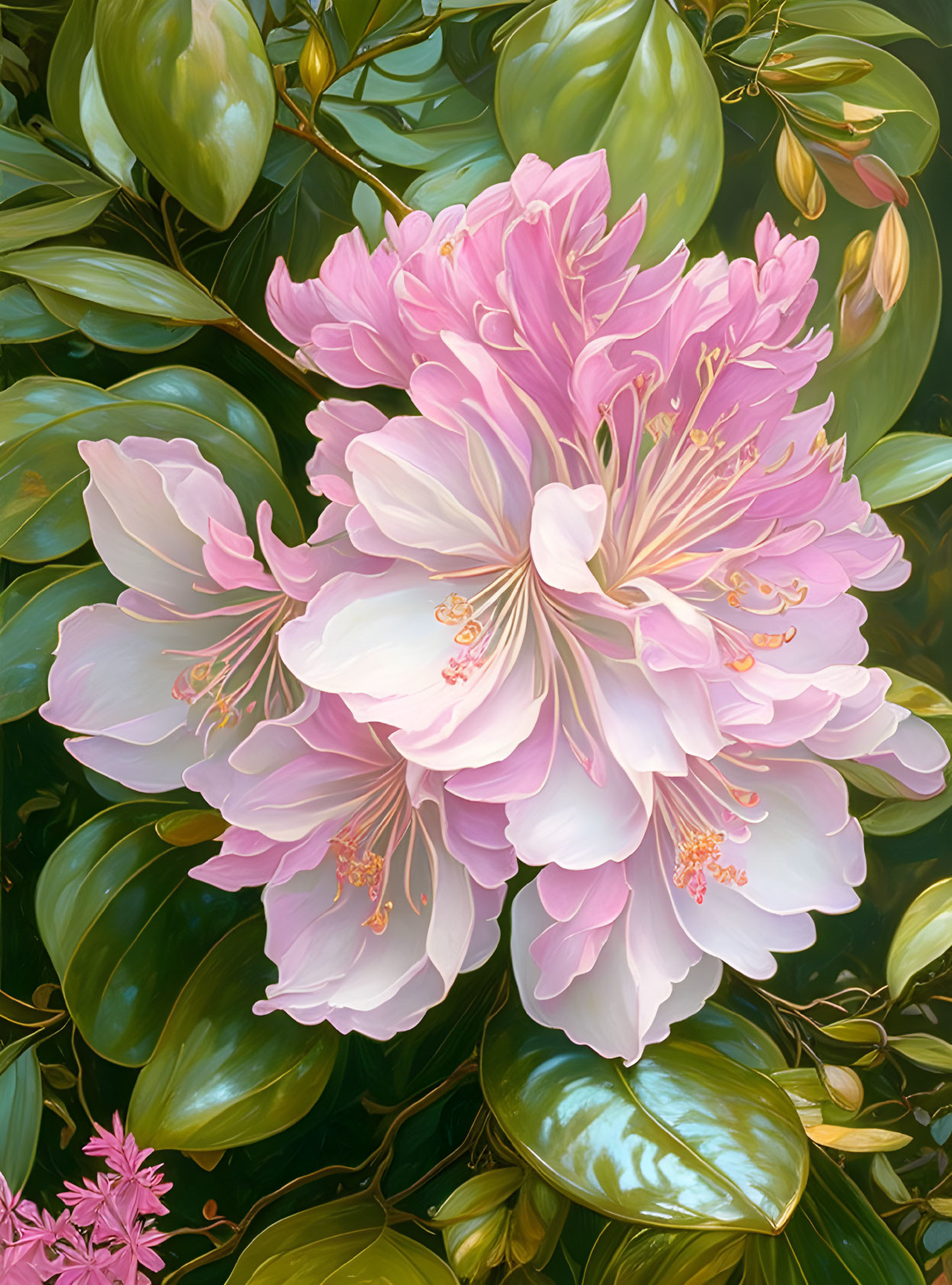 Detailed digital painting of vibrant pink rhododendron blossoms and lush green leaves.