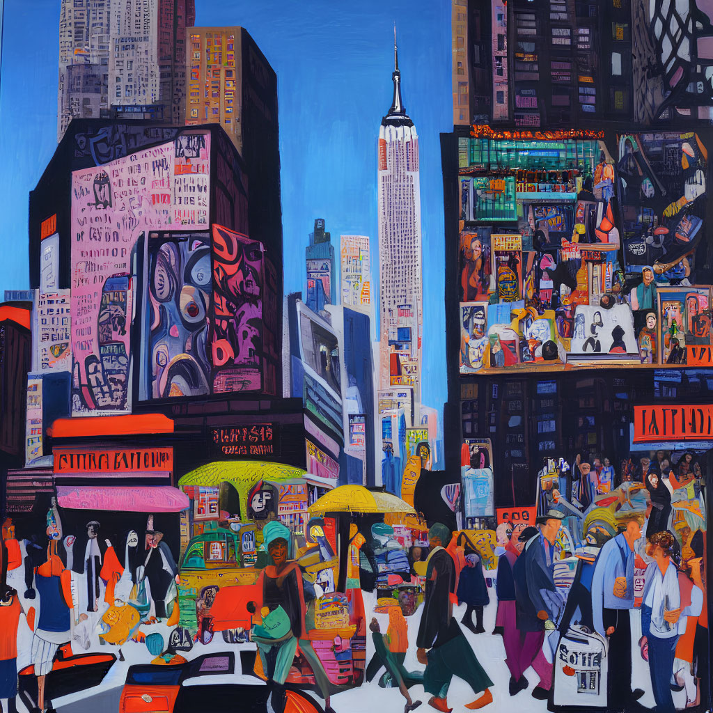 Vibrant cityscape illustration with pedestrians, vendors, vehicles, and skyscrapers under a blue