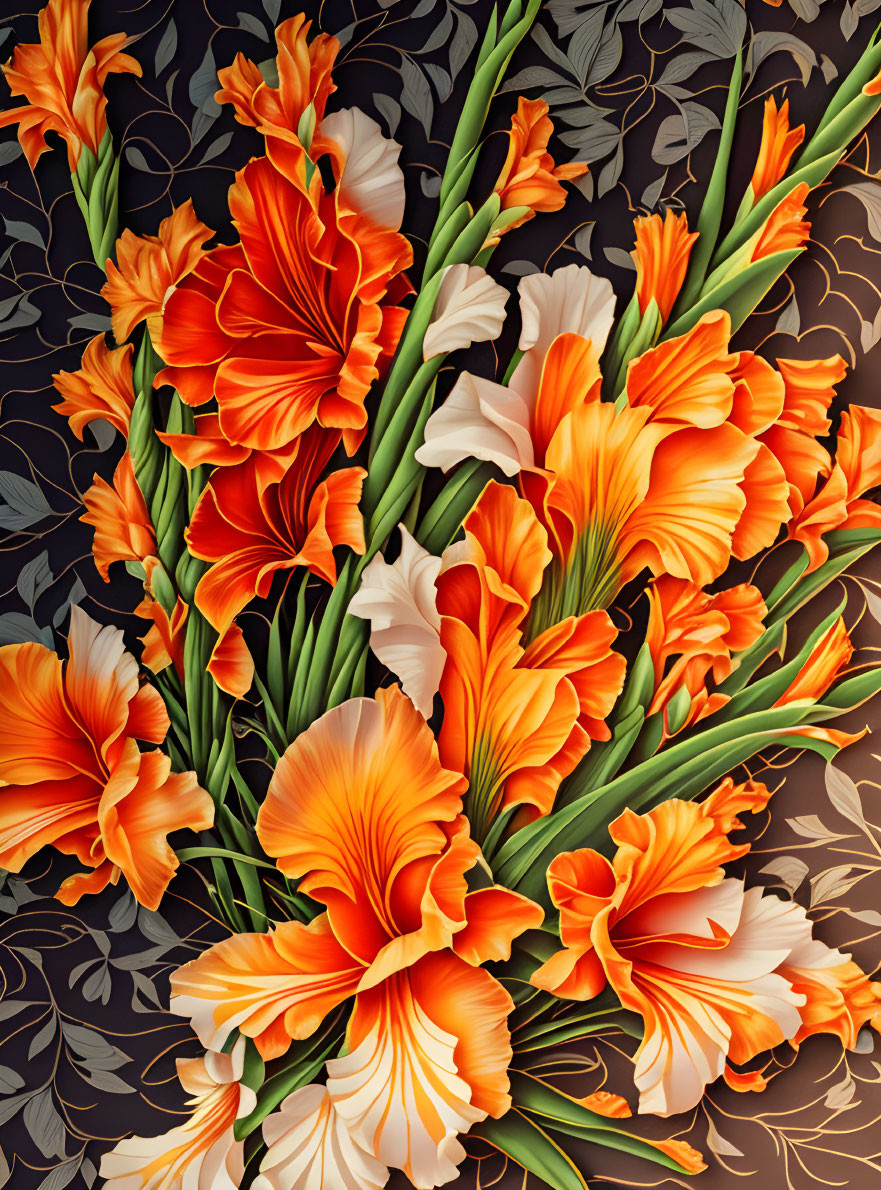 Detailed orange gladiolus bouquet illustration on dark floral background