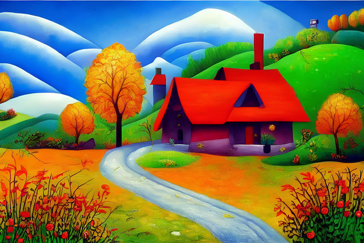 Colorful Cottage Painting with Autumn Trees and Red Roof