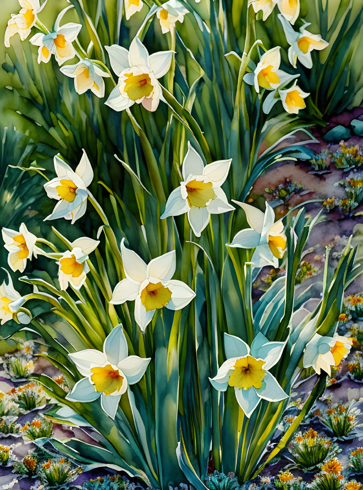 Colorful daffodil cluster with green foliage on textured background