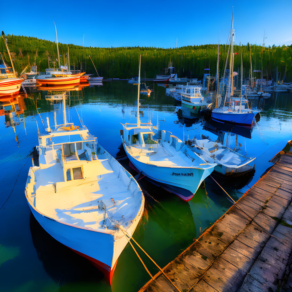 Vibrant fishing boats at wooden dock with forest backdrop at sunset