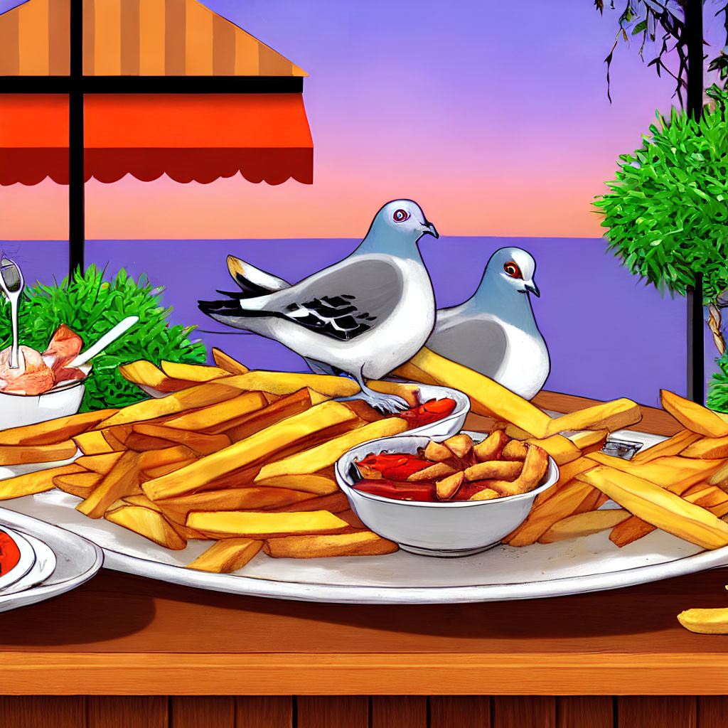 Pigeons with French fries and dipping sauce on table by sunset sky
