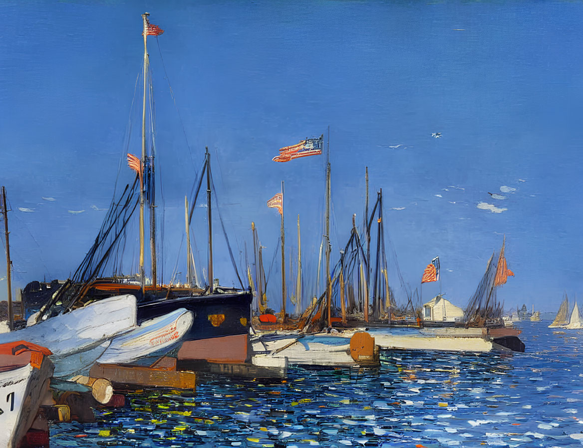 Tranquil harbor scene with sailboats and American flags in clear sky