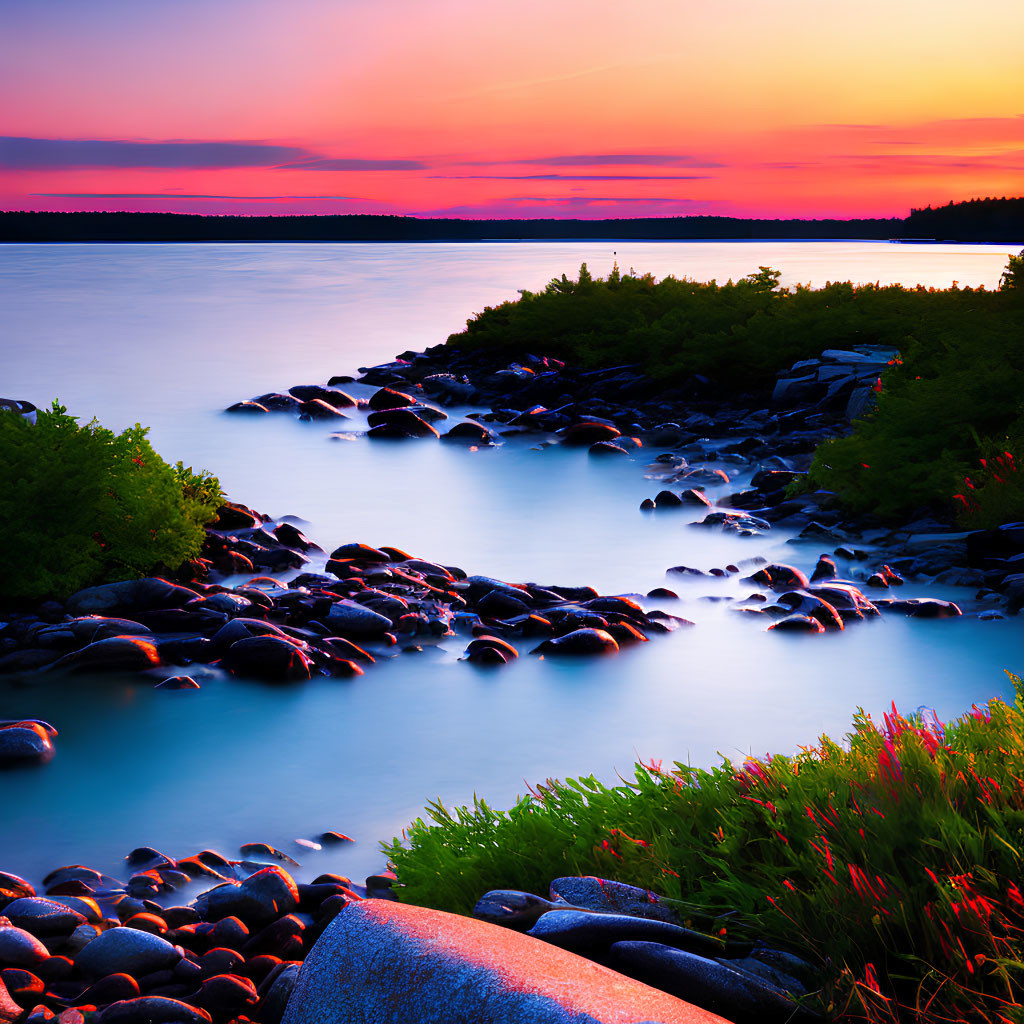 Tranquil sunset scene with pink and orange skies over rocky coastline