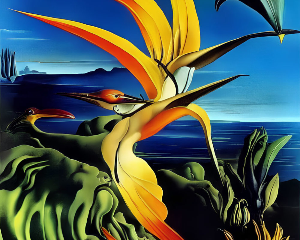 Surrealist painting: Vibrant birds in surreal blue landscape