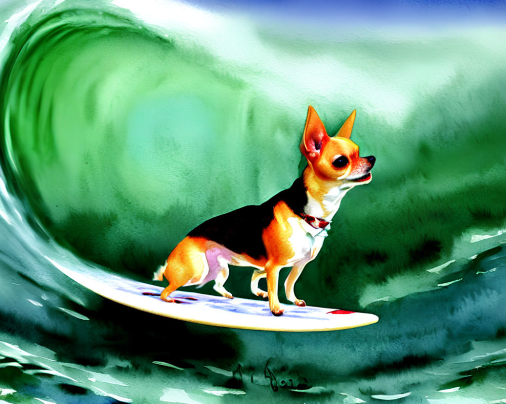 Small Dog Surfing on Vibrant Green Wave in Illustration