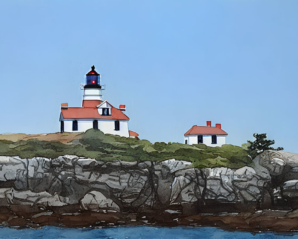Red and white lighthouse on rocky coast under blue sky