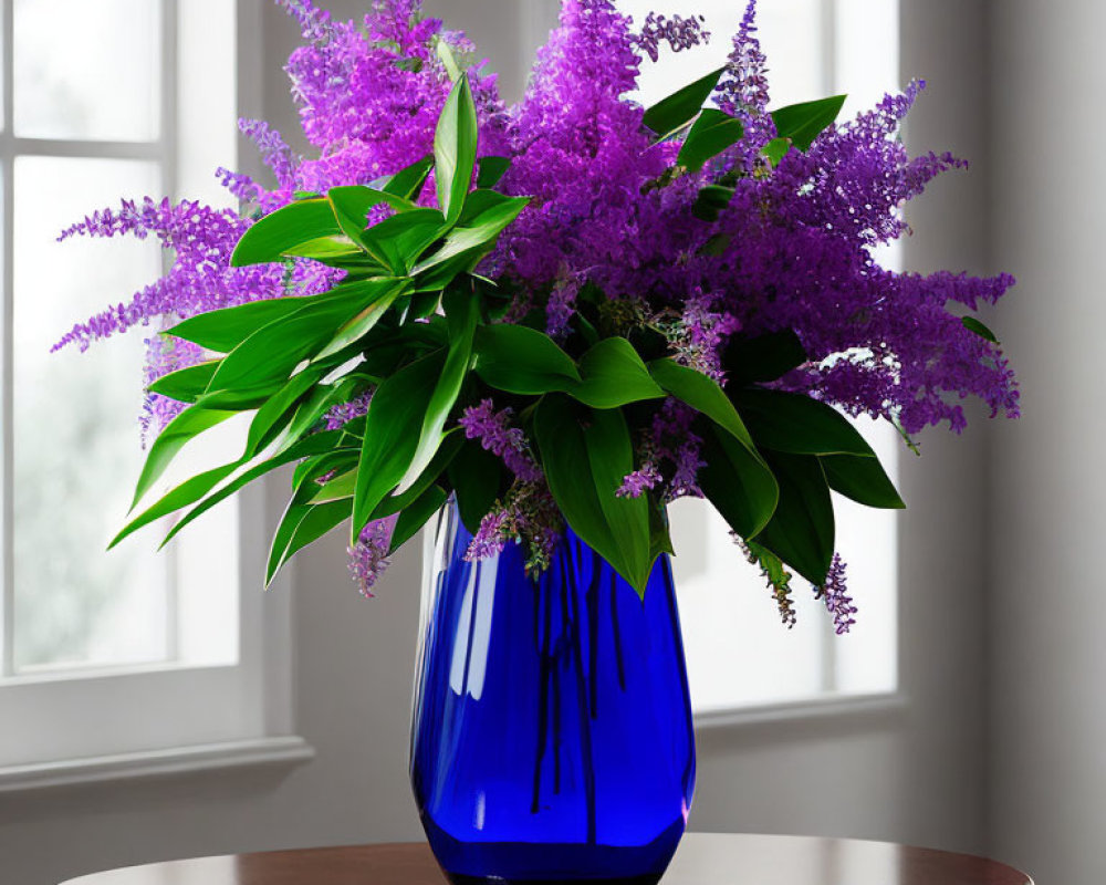 Purple Flowers Bouquet in Blue Vase on Wood Table with Natural Light
