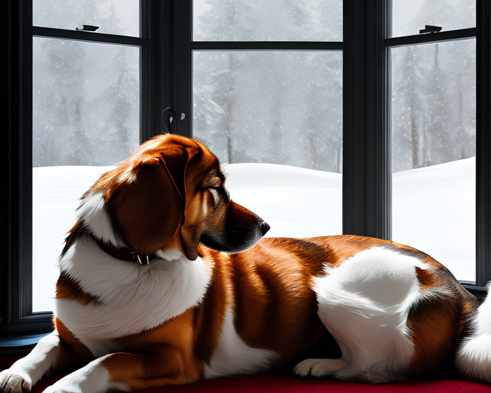 Brown and White Dog Resting on Red Window Seat Looking at Snowy Landscape