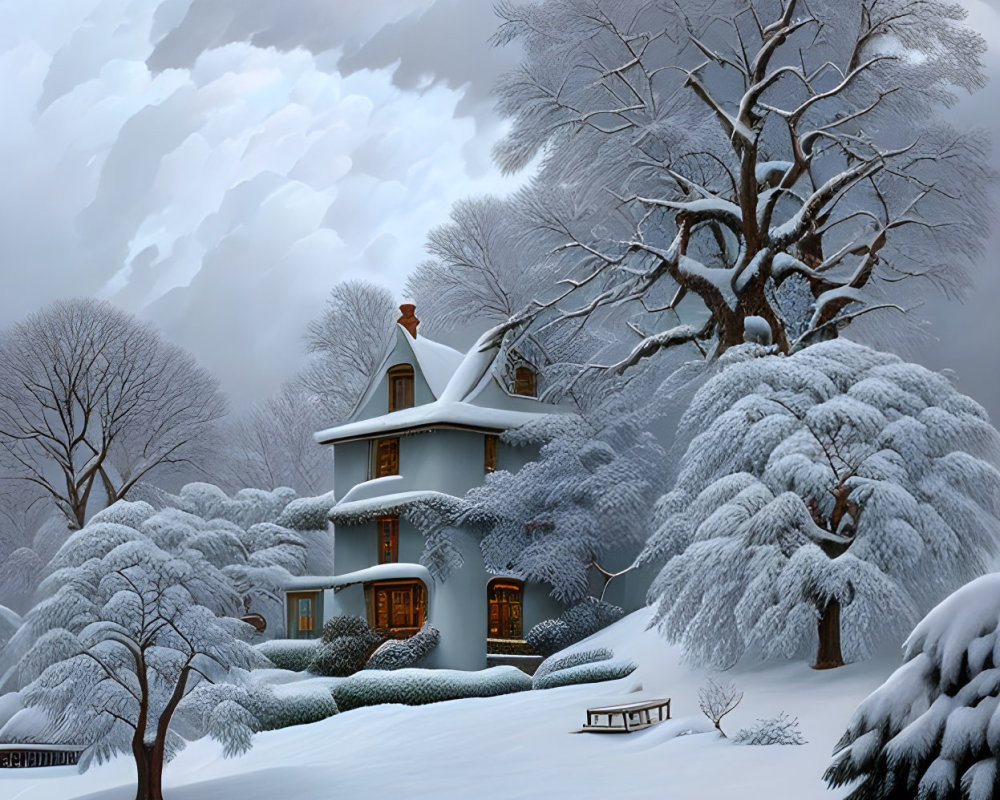 Tranquil Winter Landscape with Cozy House and Snowy Trees