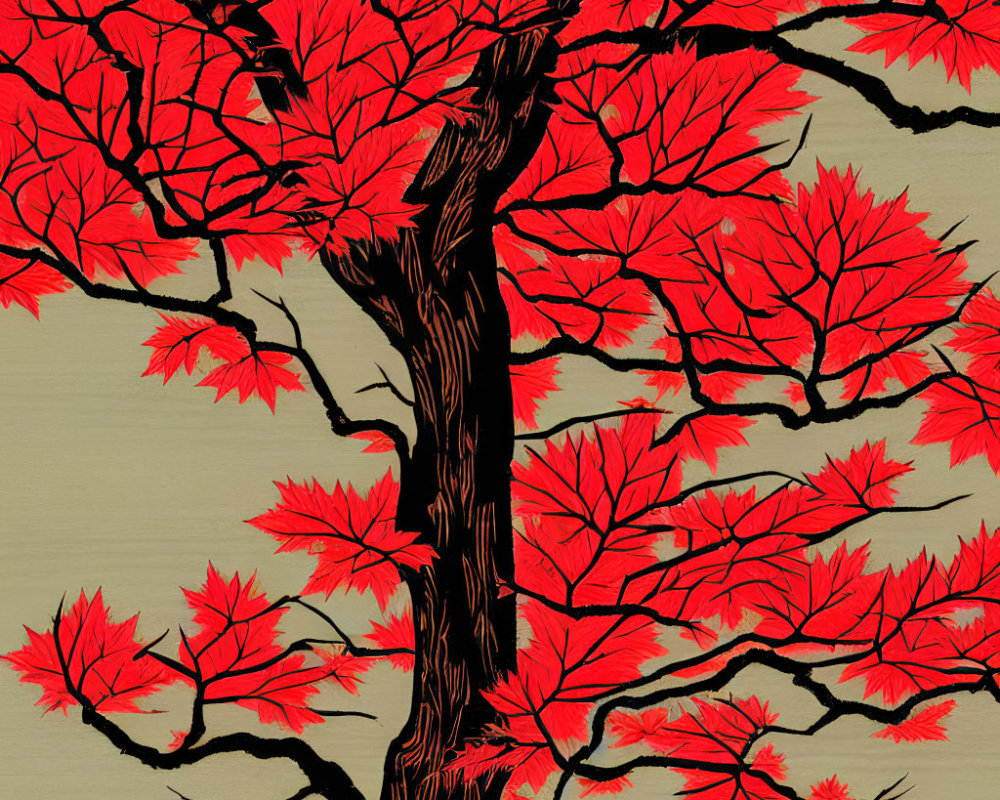 Vibrant red leaf tree illustration on textured beige background