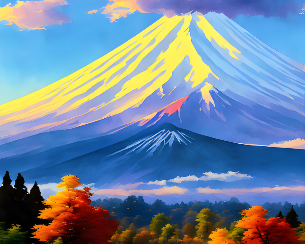 Digital painting of Mount Fuji in vibrant autumn landscape