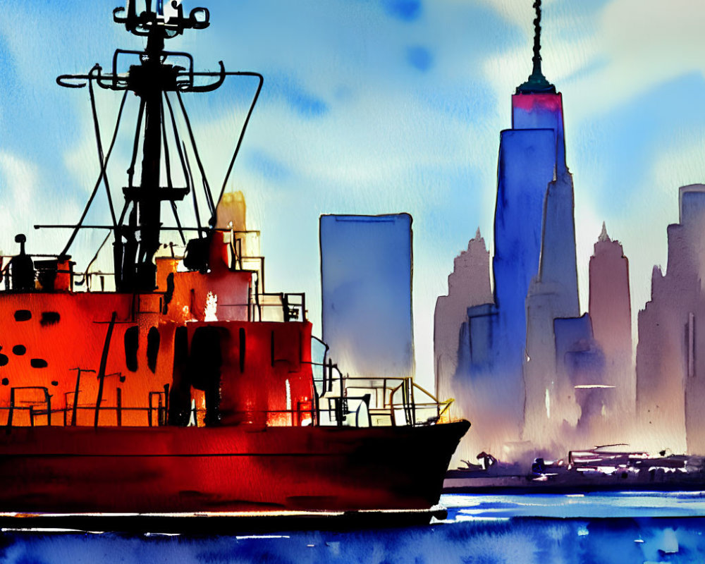 Red boat and NYC skyline watercolor painting with Empire State Building