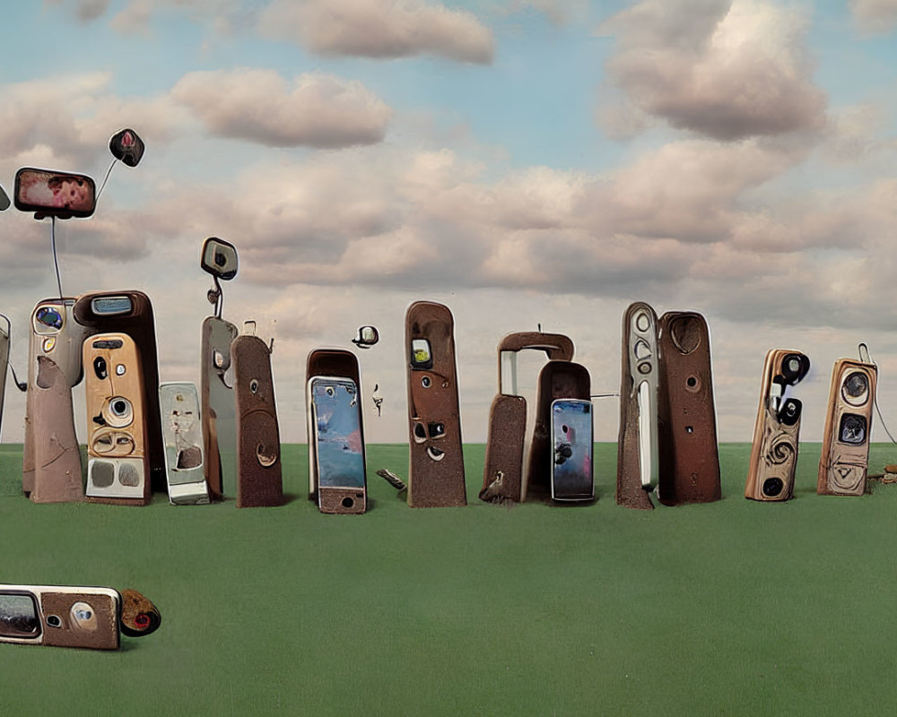 Anthropomorphized evolving phone models lineup against cloudy sky