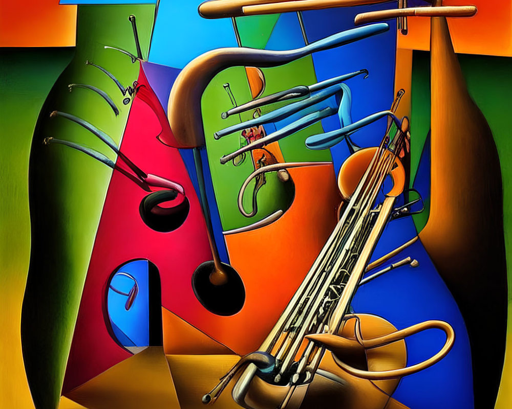 Colorful Abstract Art with Trombone-like Instruments