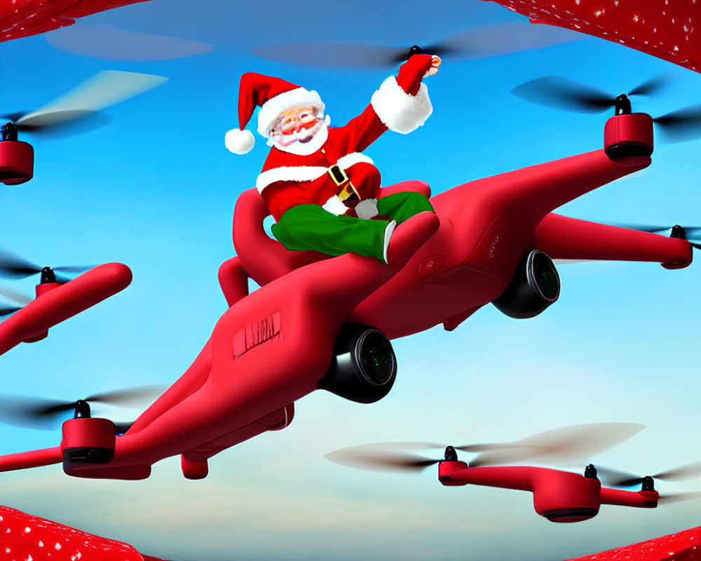 Santa Claus waving on red drone in sky.