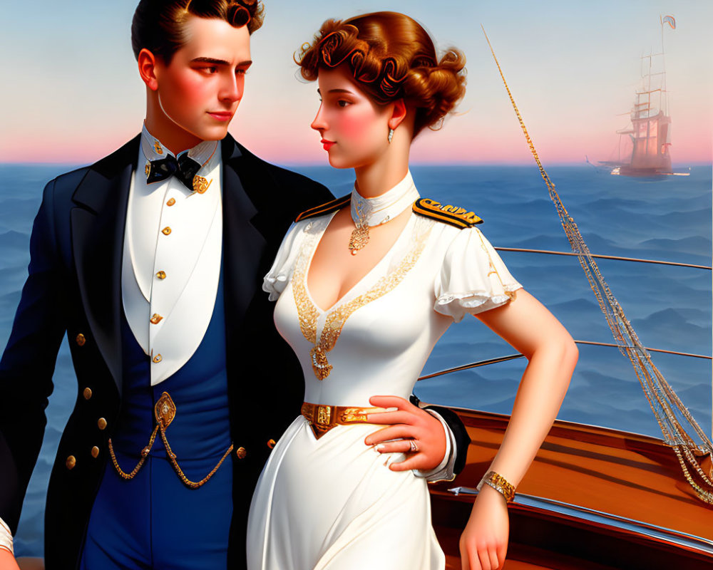 Stylish Couple on Boat: Man in Navy Suit, Woman in White Dress with Gold Accents