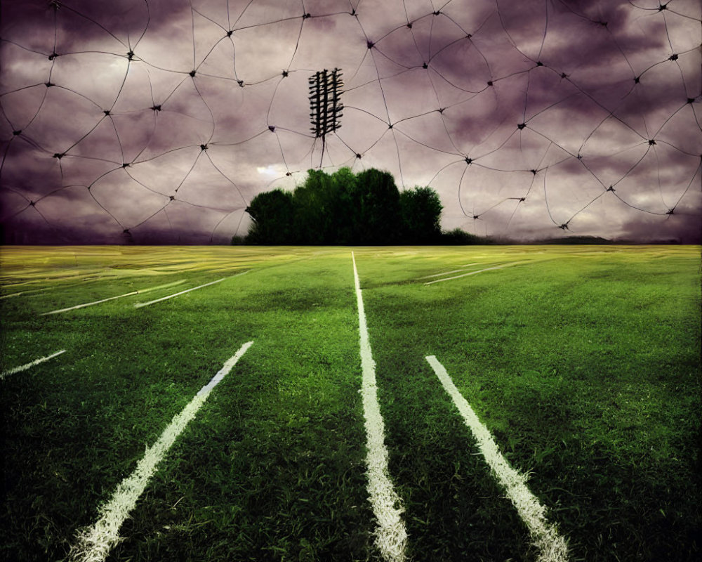 Soccer field with white boundary lines under dramatic cloudy sky