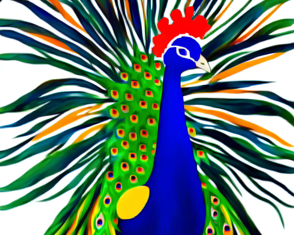 Colorful Peacock Illustration with Vibrant Plumage and Red Crest