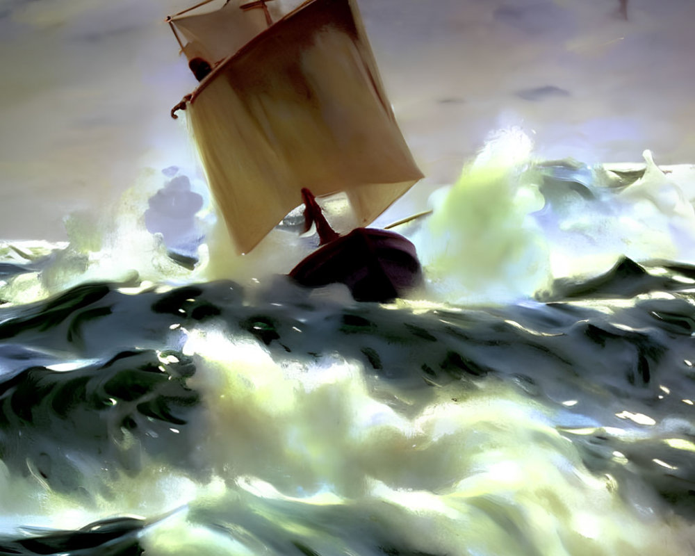 Stormy seas painting: sailing ship battles large waves in luminous green waters
