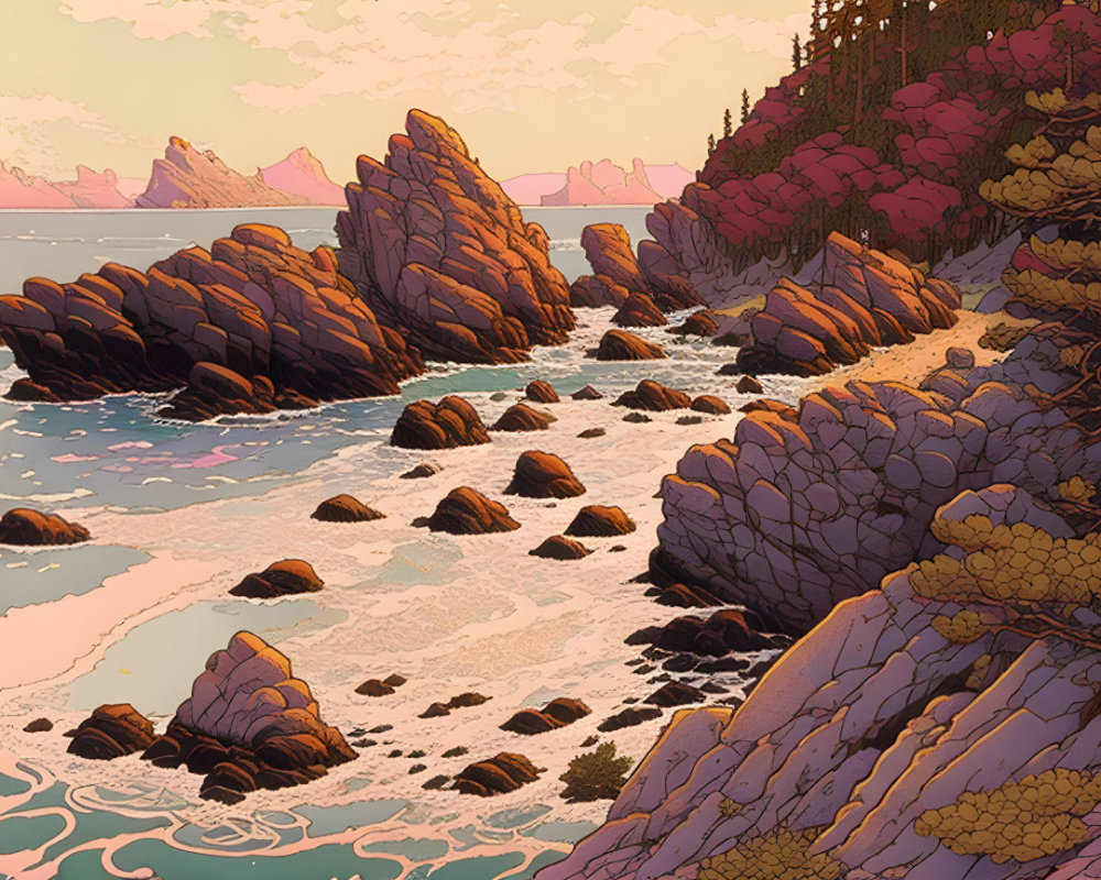 Tranquil coastal landscape at sunset with rocky cliffs and foamy waves