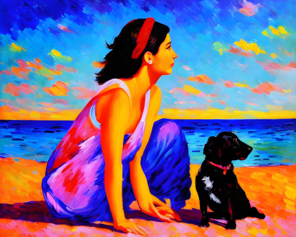 Woman in flowing dress with black dog on beach at sunset.