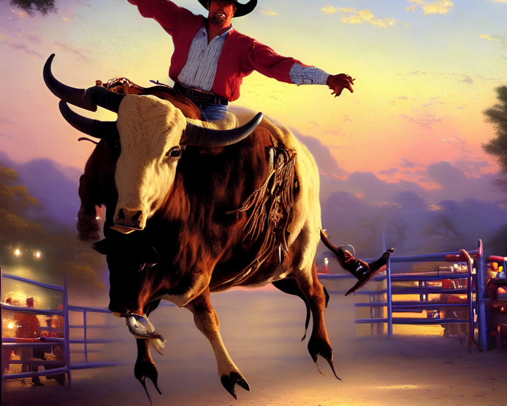 Cowboy riding bull at rodeo with sunset backdrop