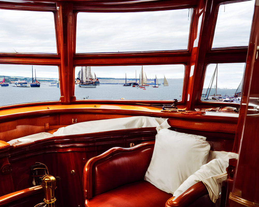 Vintage boat interior with polished wooden panels and red leather seating overlooking harbor with sailing ships through large windows.