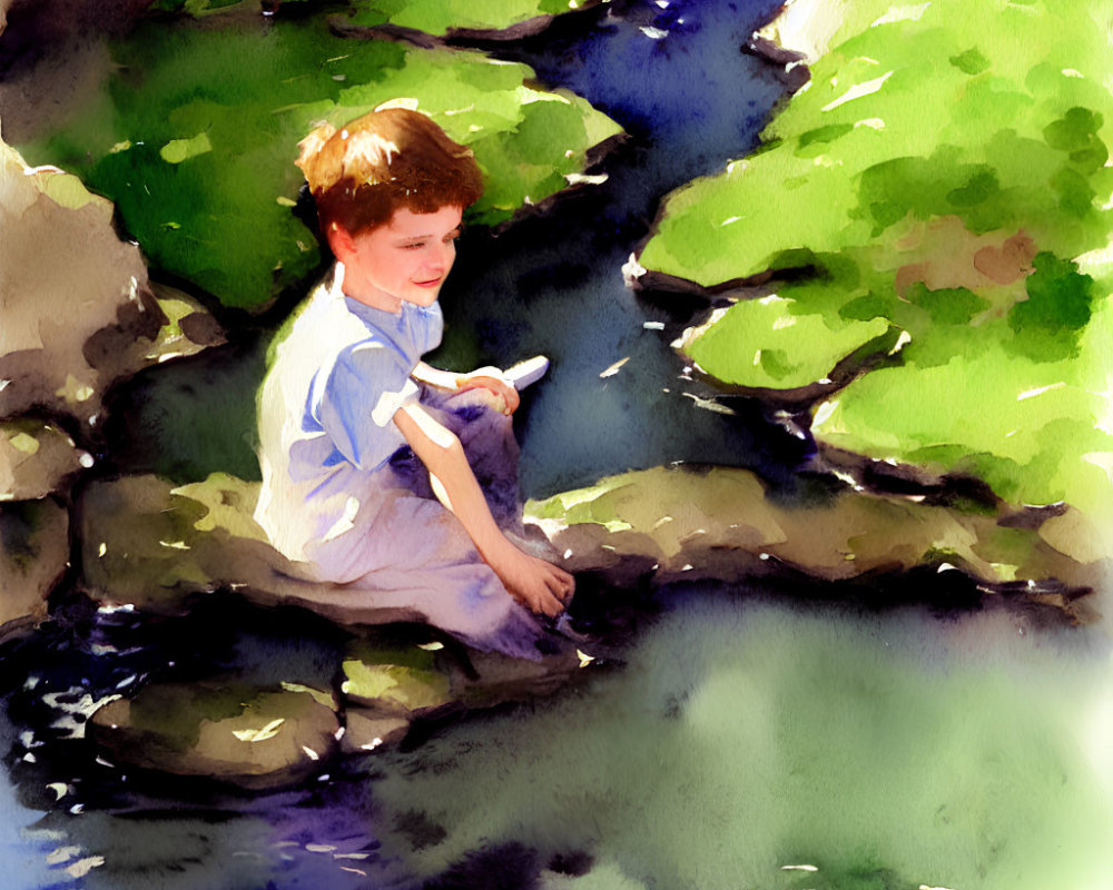 Child sitting by stream with sunlight and greenery in peaceful setting