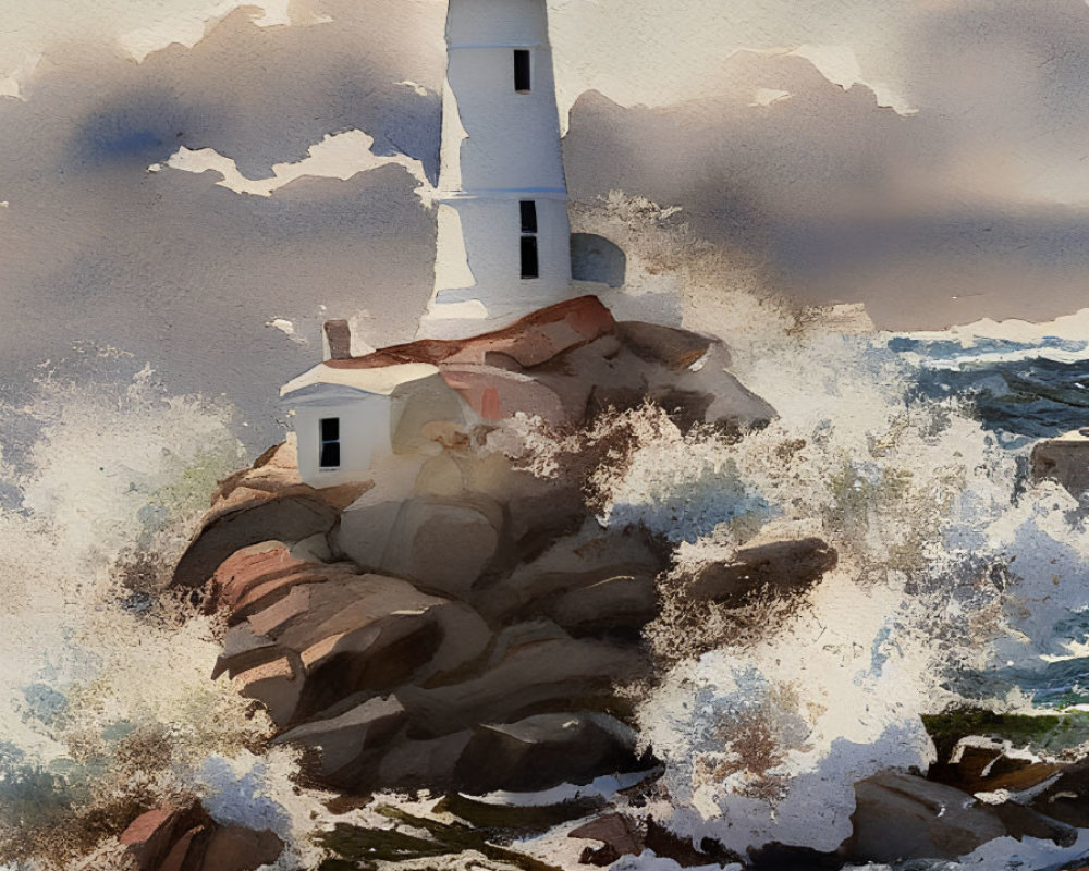 Lighthouse watercolor painting on rocky shore with crashing waves