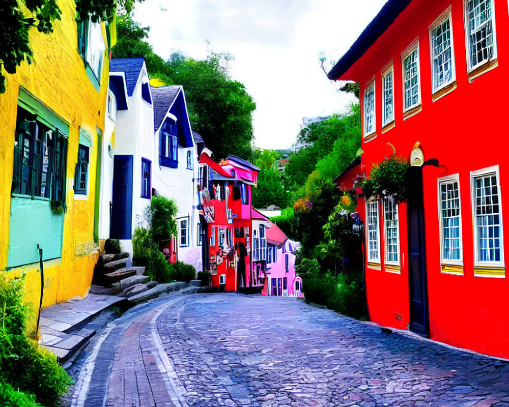 Vibrant Street with Colorful Houses and Lush Greenery