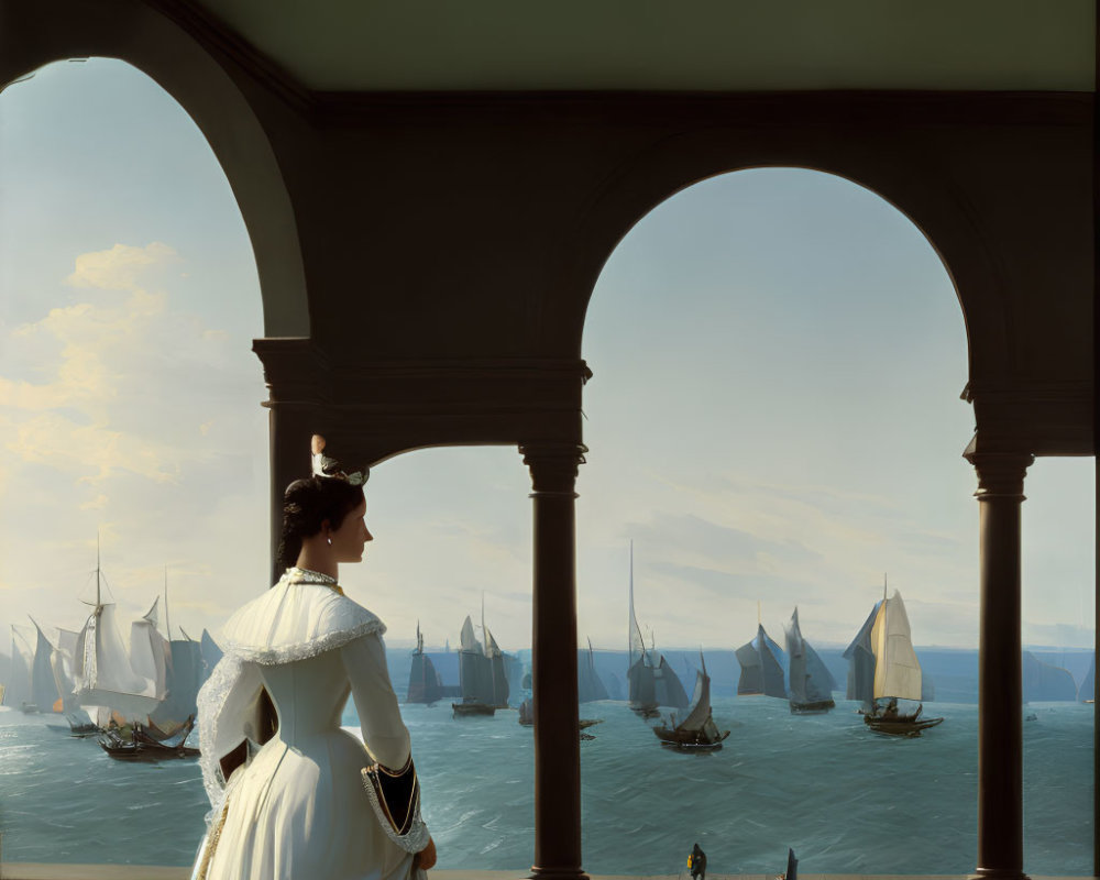 Vintage-dressed woman on balcony overlooking sailboats in bay