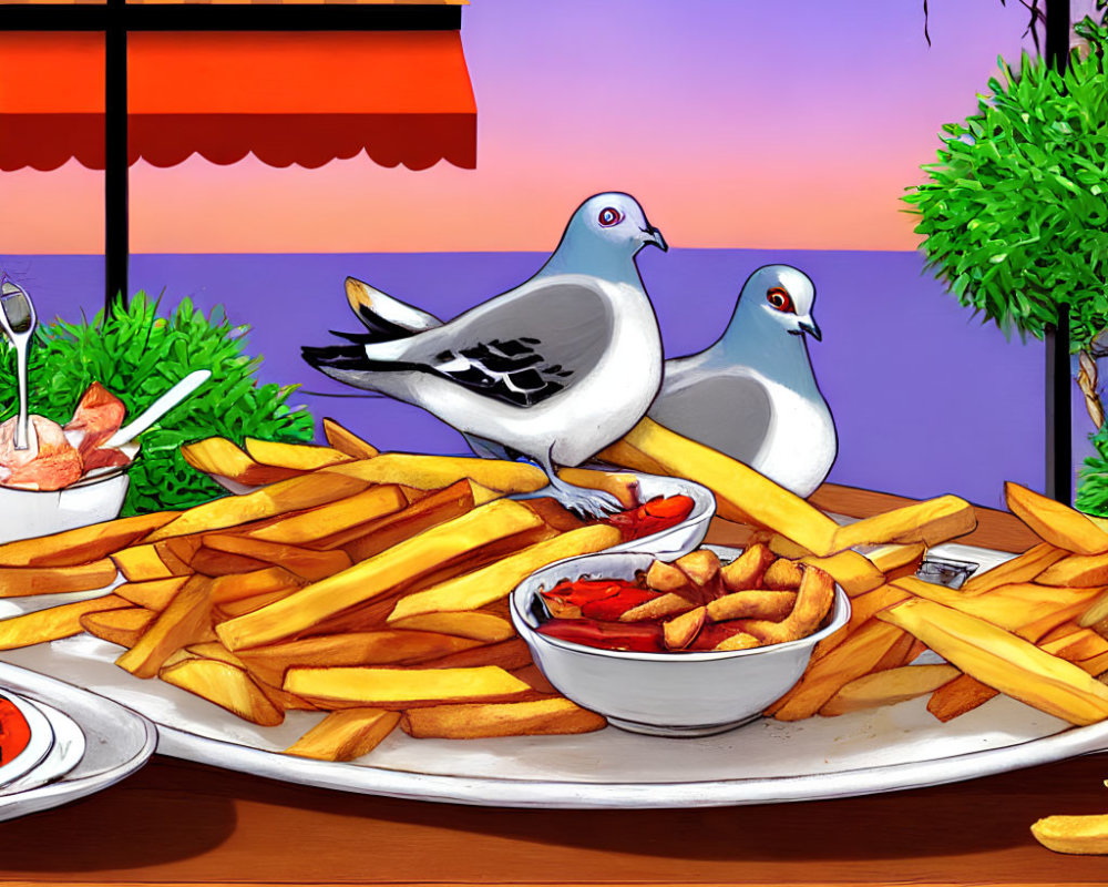 Pigeons with French fries and dipping sauce on table by sunset sky