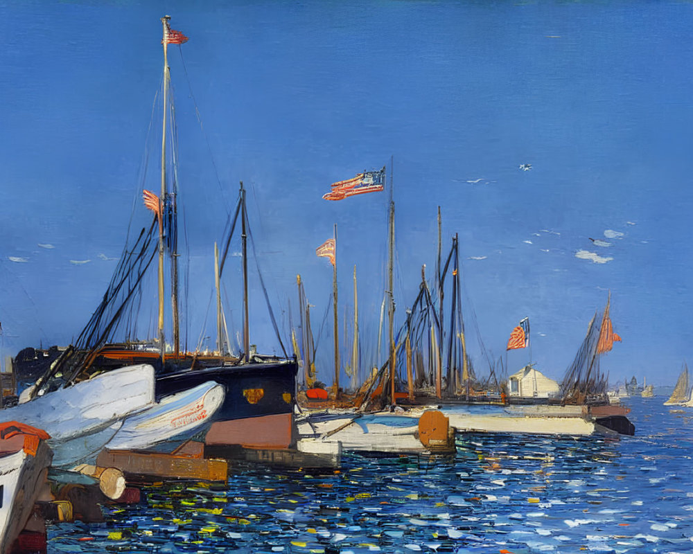Tranquil harbor scene with sailboats and American flags in clear sky