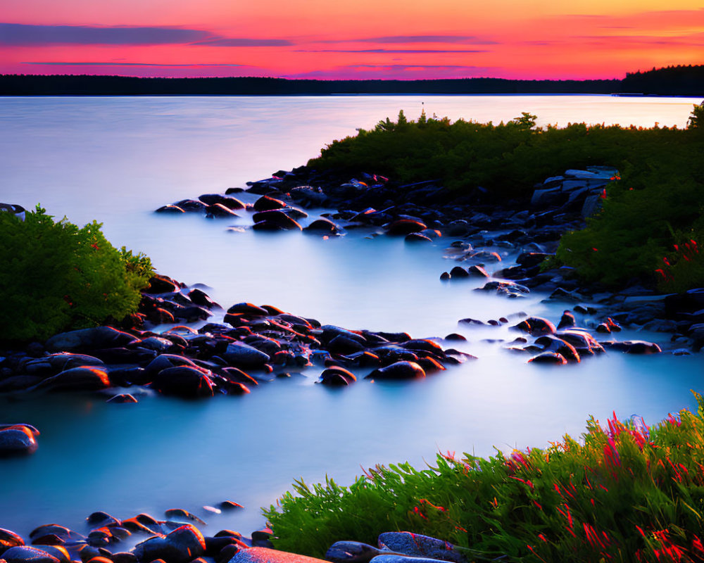 Tranquil sunset scene with pink and orange skies over rocky coastline