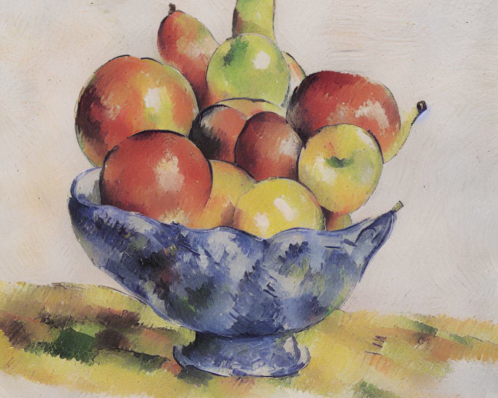 Still life painting of bowl with assorted fruits on creamy background