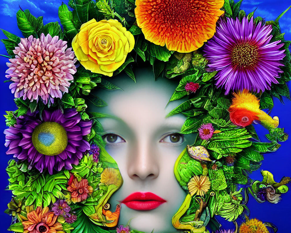 Colorful Floral Portrait Against Blue Background