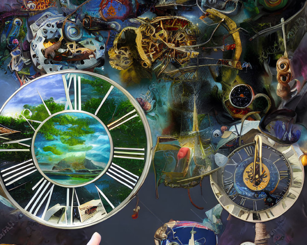 Surreal clock-themed montage with landscape, mechanical parts, and floating key