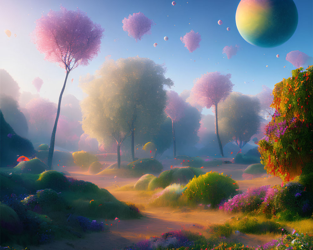 Vibrant landscape with trees, flowers, and large planet in the sky